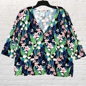 Quacker Factory 3/4 Sleeve Knit Cardigan Size XL Floral Rhinestones Layering